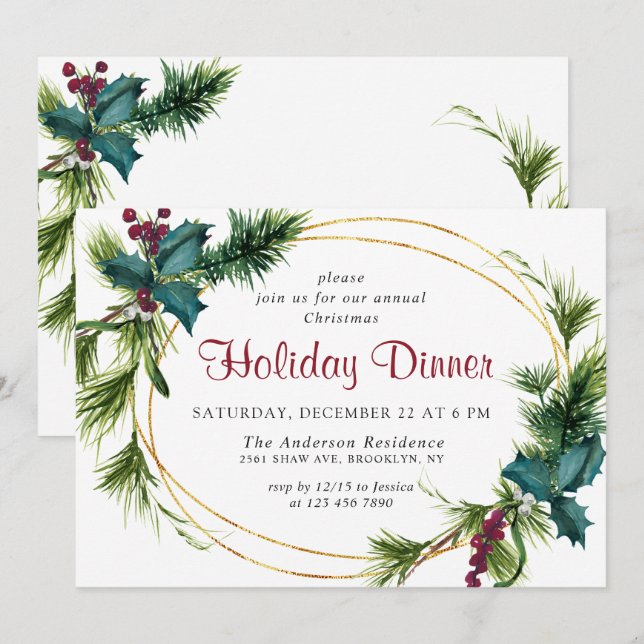 Invitation Élégant Pine Holly Berry Noël Dîner de Noël (Devant / Derrière)