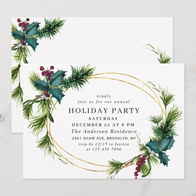 Invitation Élégant Pine Holly Berry Noël Fête de Noël (Devant / Derrière)