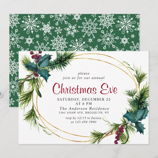 Invitation Elégant Pine Holly Berry Soirée de Noël (Devant / Derrière)