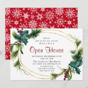 Invitation Elégant Pine Holly Holiday Maison ouverte de Noël