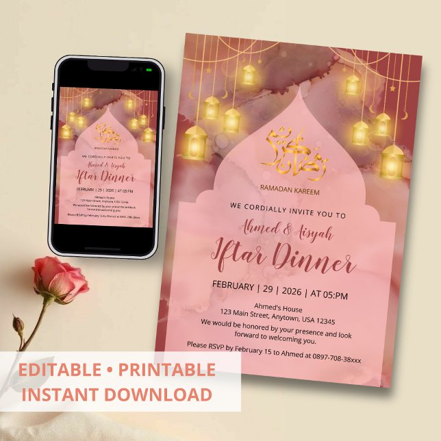Invitation Elegant Pink and Maroon gold Ink Iftar (Créateur téléchargé)