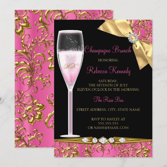 Invitation Elégant Pink Black Gold Damask Champagne Brunch (Devant / Derrière)