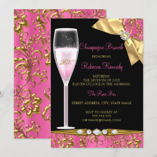 Invitation Elégant Pink Black Gold Damask Champagne Brunch