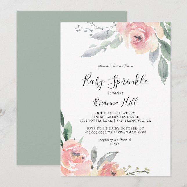 Invitation Élégant Pink Blush Floral Baby Sprinky (Devant / Derrière)