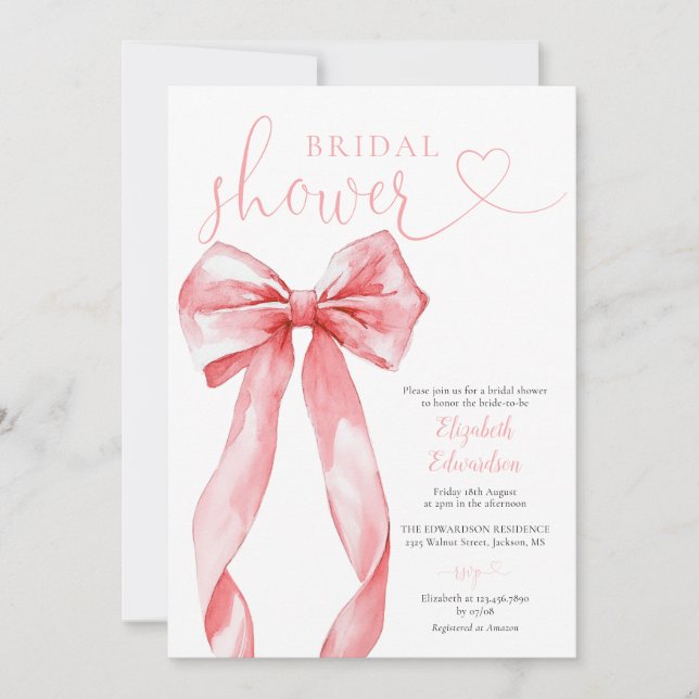 Invitation Elegant Pink Bow Bridal Shower (Devant)