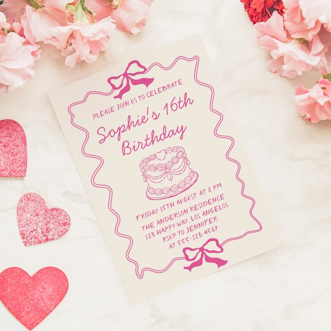 Invitation Elegant Pink Bow & Cake Sweet 16 Birthday Party (Créateur téléchargé)