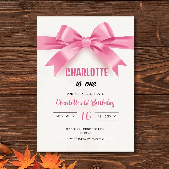 Invitation Elegant Pink Bow "Charlotte is One" First Birthday (Elegant Pink Bow "Charlotte is One" First Birthday Invitation
)