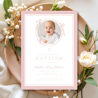 Invitation Elegant Pink Bow Girl Photo Baptism