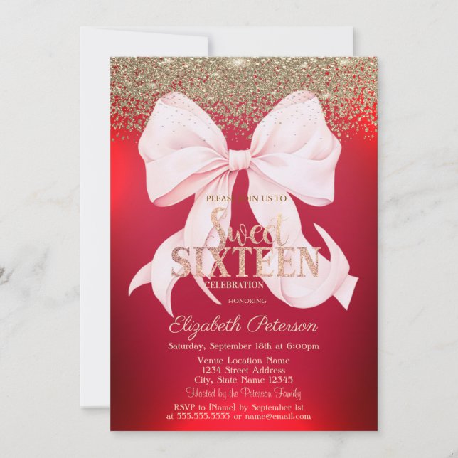 Invitation Elegant Pink Bow Gold Diamond Red Sweet 16  (Devant)