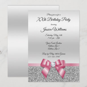 Invitation Elégant Pink Bow & Silver Parties scintillant Anni
