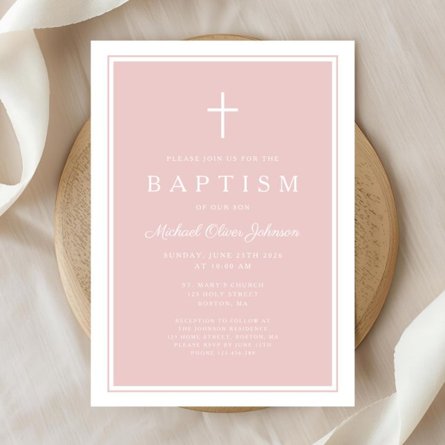 Invitation Elegant Pink Cross Girl Baptism (Elegant Pink Cross Girl Baptism Invitation)