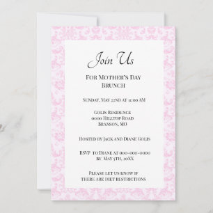 Invitation Elégant Pink Damask Mère's Day Brunch