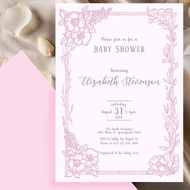 Invitation Elegant Pink Floral Baby Shower  (Créateur téléchargé)