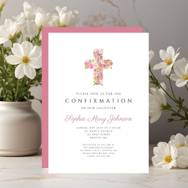 Invitation Elegant Pink Floral Cross Girl Confirmation (Elegant Pink Floral Cross Girl Confirmation Invitation)