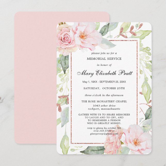 Invitation Elégant Pink Floral Gold Memorial Service Invitati (Devant / Derrière)