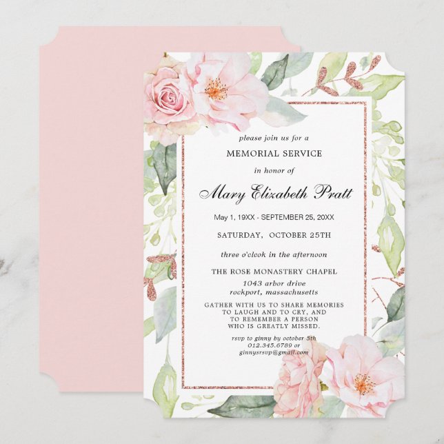 Invitation Elégant Pink Floral Gold Memorial Service Invitati (Devant / Derrière)