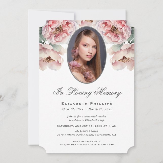 Invitation Élégant Pink Floral Photo En Mémoire Amoureuse (Devant)