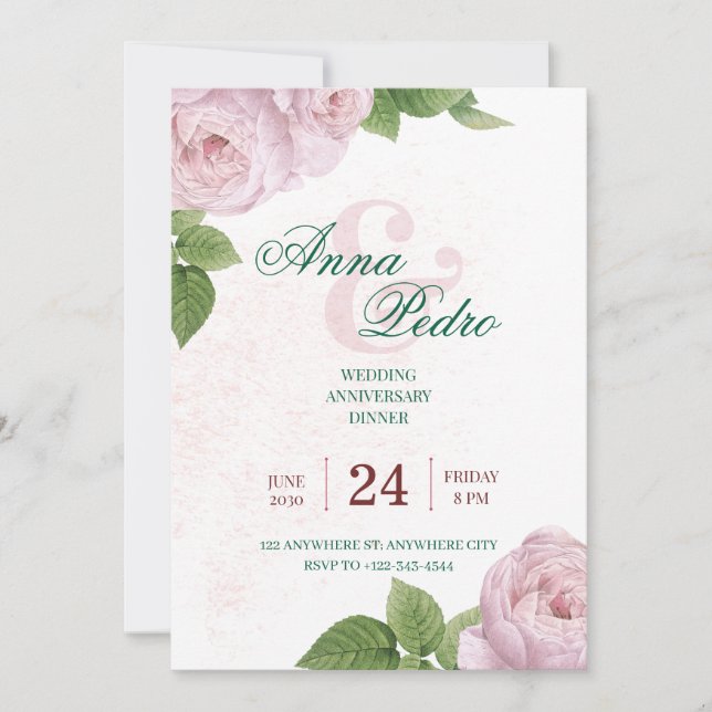 Invitation Elegant Pink Floral Wedding Anniversary  (Devant)