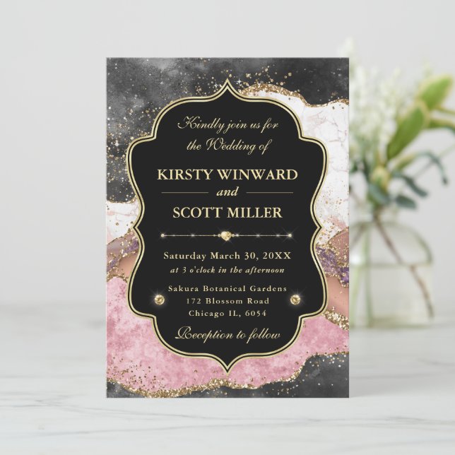 Invitation Elegant Pink Gold Agate Marble Glitter Wedding (Debout devant)