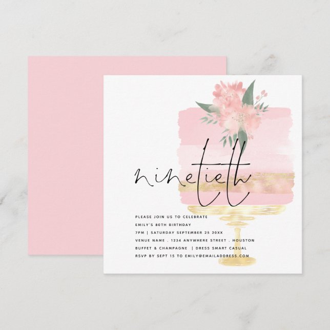 Invitation Elégant Pink Gold Anniversaire Gâteau 90ème Partie (Devant / Derrière)