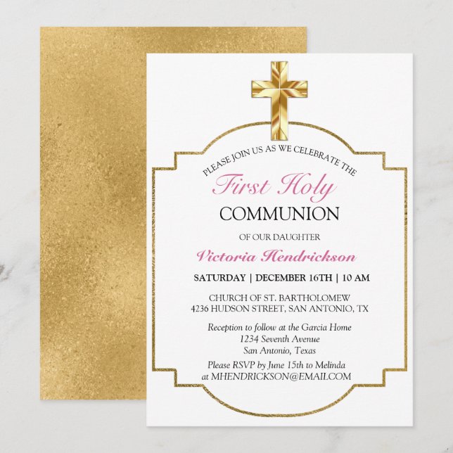 Invitation Elegant Pink Gold Cross First Holy Communion (Devant / Derrière)