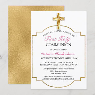 Invitation Elegant Pink Gold Cross First Holy Communion