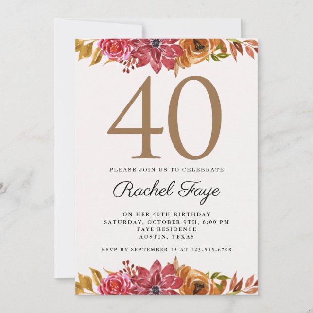 Invitation Elégant Pink Gold Floral 40e Anniversaire Fête Inv (Devant)