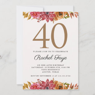 Invitation Elégant Pink Gold Floral 40e Anniversaire Fête Inv