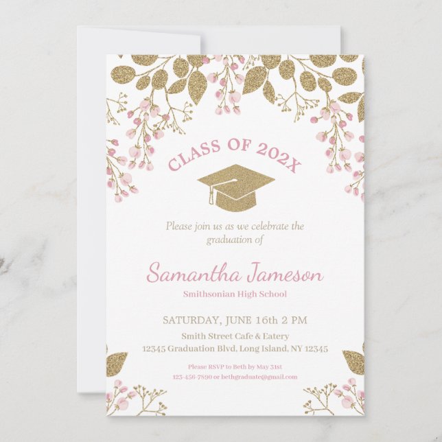 Invitation Élégant Pink Gold Floral Classe De Graduation De 2 (Devant)