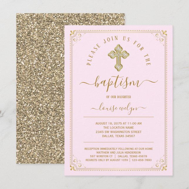 Invitation Élégant Pink Gold Girl Baptism (Devant / Derrière)