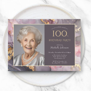 Invitation Elégant Pink Gold Photo 100e anniversaire