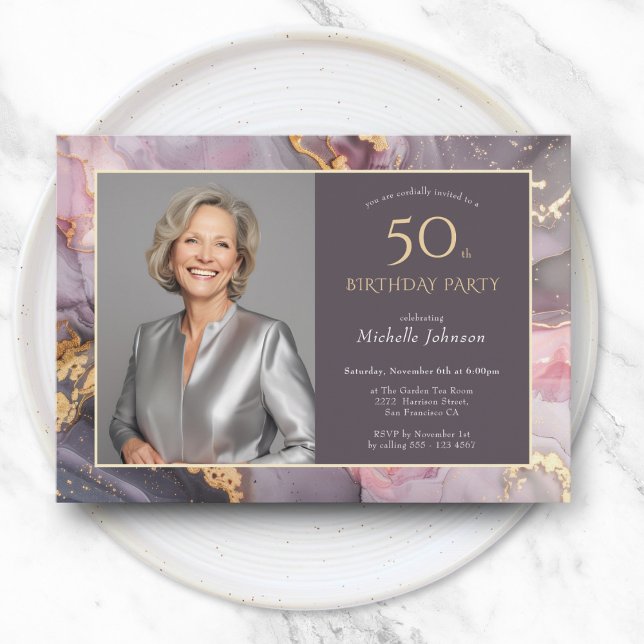 Invitation Elégant Pink Gold Photo 50e anniversaire (Elegant Pink Gold Photo 50th Birthday Invitation)