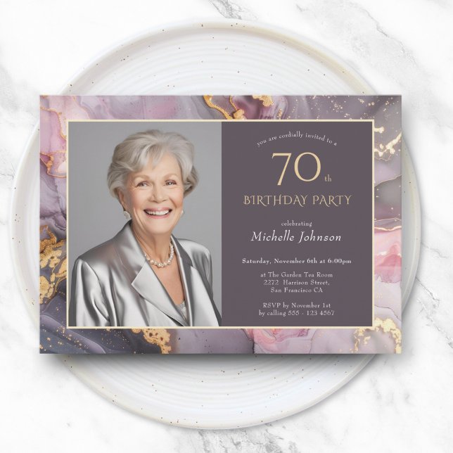 Invitation Elégant Pink Gold Photo 70e anniversaire (Elegant Pink Gold Photo 70th Birthday Invitation)