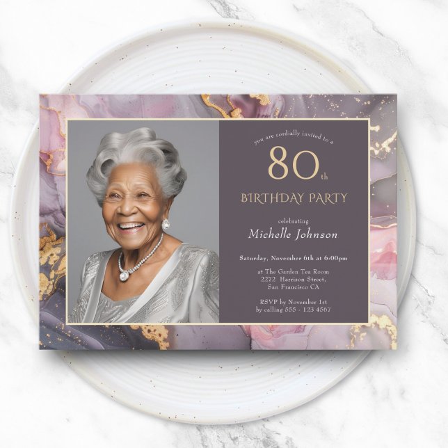 Invitation Elégant Pink Gold Photo 80e anniversaire (Elegant Pink Gold Photo 80th Birthday Invitation)