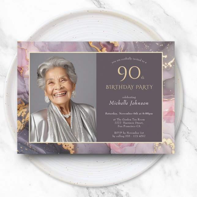 Invitation Elégant Pink Gold Photo 90e anniversaire (Elegant Pink Gold Photo 90th Birthday Invitation)