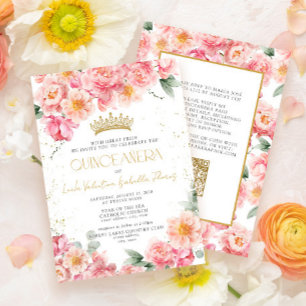 Invitation Elégant Pink Gold QR Code Floral Quinceañera