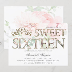 Invitation Élégant Pink Gold Tiara Floral Sweet 16