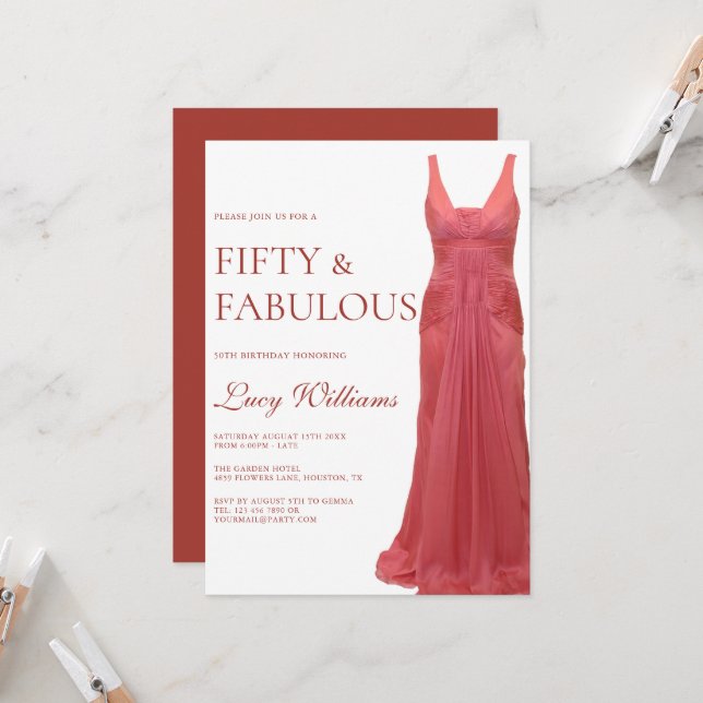 Invitation Elégant Pink Gown, 50ème et Fabuleux anniversaire (Devant/Arrière en situation)