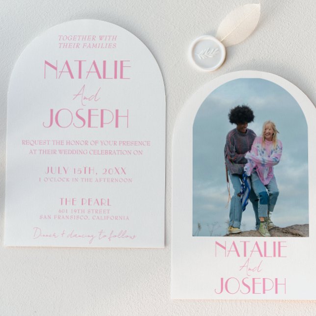Invitation Elegant Pink Minimalist Wedding Photo Arched  (Créateur téléchargé)