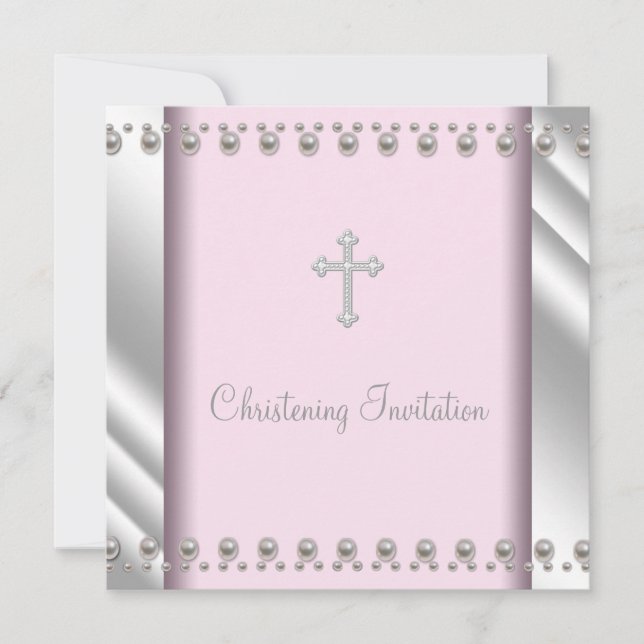 Invitation Elégant Pink Pearl Cross Christening (Devant)