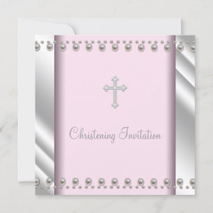 Invitation Elégant Pink Pearl Cross Christening