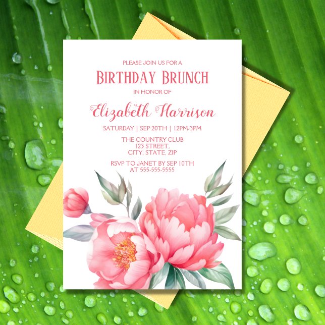 Invitation Elégant Pink Peony Botanical Anniversaire Brunch (Créateur téléchargé)