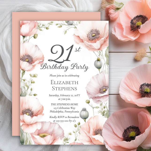 Invitation Elegant Pink Poppies Floral 21st Birthday Party (Boho Elegant Pale Pink Poppies Floral 21st Birthday Party Invitation - Print | Digital Download)