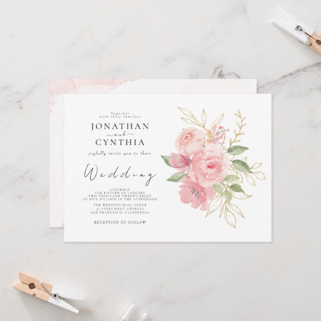 Invitation Elegant Pink Rose Watercolor Golden Floral Wedding (Devant/Arrière en situation)