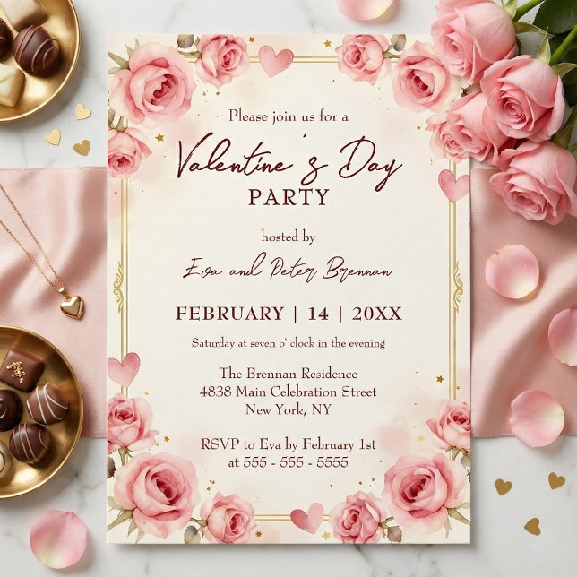 Invitation Elegant Pink Watercolor Valentine's Day Party (Créateur téléchargé)