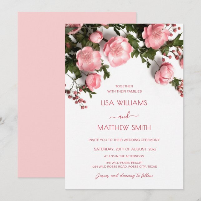 Invitation Elegant Pink White 3D Roses Wedding (Devant / Derrière)