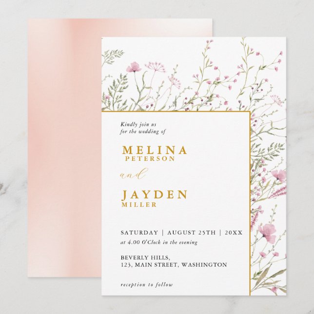 Invitation Elegant Pink Wild Floral Wedding  (Devant / Derrière)