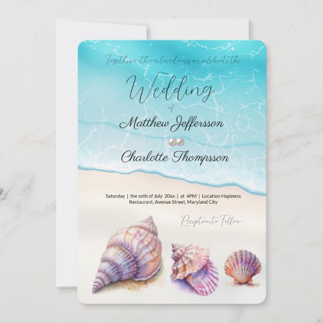 Invitation Elégant Plage Mariage Coquillages Perles Nautiques (Devant)