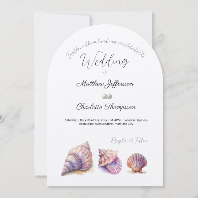 Invitation Elégant Plage Mariage Coquillages Perles Nautiques (Devant)