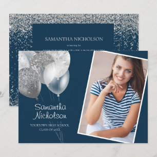 Invitation Élégant plaisir Marine Bleu Argent Parties scintil